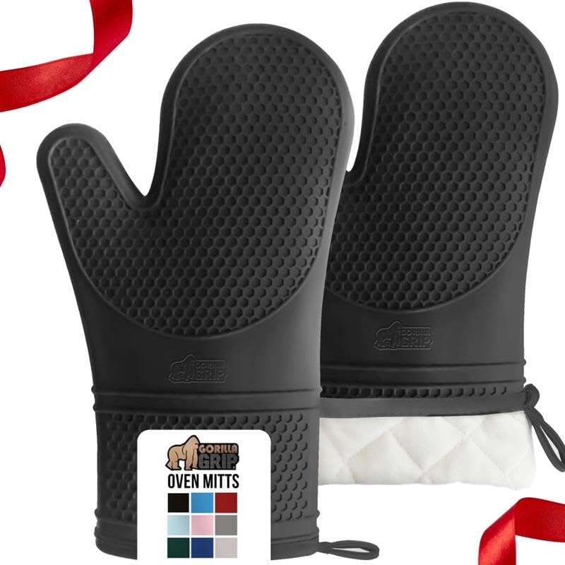 GORILLA GRIP BPA-Free Soft Silicone Oven Mitts, Heat Resistant and Waterproof Cooking Safety Gloves, Thick Cotton Lining, Flexible Gripping, Kitchen Potholders Set, for Grilling, BBQ, 12.5x8.3, Black - [size:12.5" Oven Mitts,color:Black]