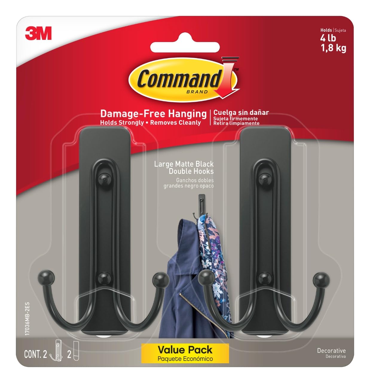 Command Large Matte Black Double Hooks, 2 Hooks and 2 Strips, Damage Free Hanging Wall Hooks with Adhesive Strips, No Tools Coat Hooks for Hanging Home Decor, Holds up to 4 lb - [size:Large,color:Matte Black]