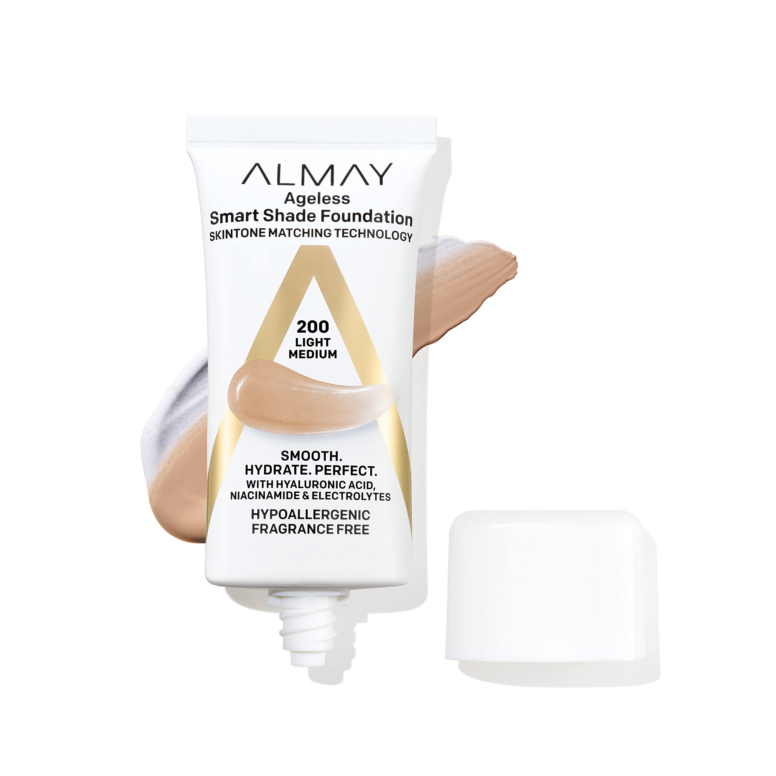 Almay Anti-Aging Foundation, Smart Shade Face Makeup with Hyaluronic Acid, Niacinamide, Vitamin C & E, Hypoallergenic-Fragrance Free, 200 Light Medium, 1 Fl Oz (Pack of 1) - [size:1 Fl Oz (Pack of 1),color:LIGHT MEDIUM]