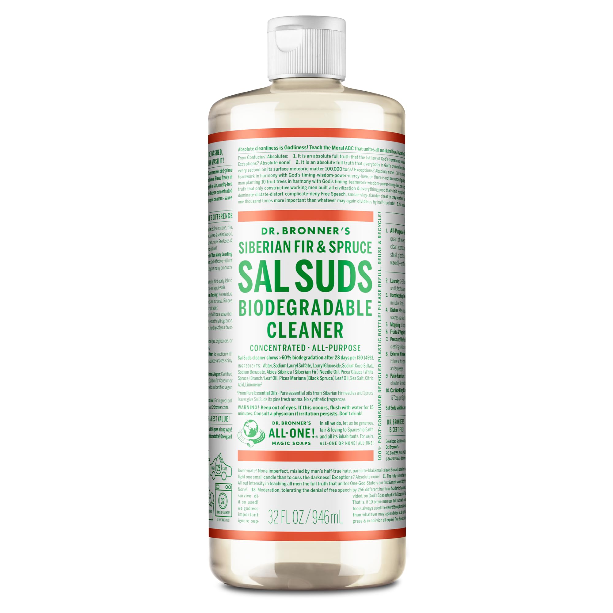 Dr. Bronner's - Sal Suds Biodegradable Cleaner (32 oz) - All-Purpose, Pine Cleaner for Floors, Laundry and Dishes, Concentrated, Cuts Grease and Dirt, Powerful Formula - [size:32 Fl Oz (Pack of 1)]
