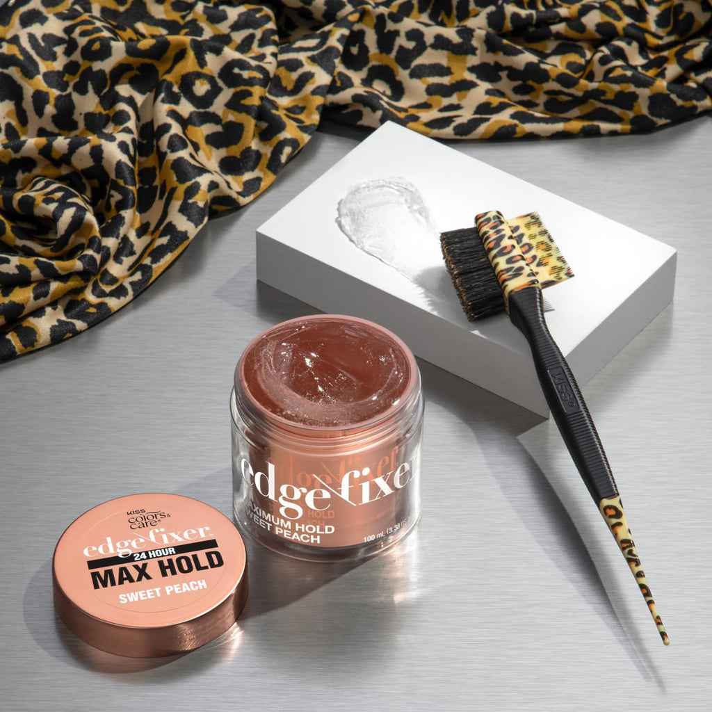 KISS Colors & Care 3-in-1 Professional Edge Styler Plus with Case - Slip-Free Rubber Grip, 100% Boar Bristles, Fine Tooth Comb, Pin Tail Tool, & Protective Case, Versatile & Ultra-Functional, Smooth & Sleek Styling - [color:Leopard]