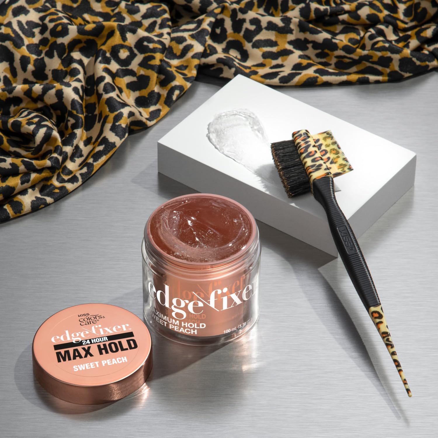 KISS Colors & Care 3-in-1 Professional Edge Styler Plus with Case - Slip-Free Rubber Grip, 100% Boar Bristles, Fine Tooth Comb, Pin Tail Tool, & Protective Case, Versatile & Ultra-Functional, Smooth & Sleek Styling - [color:Leopard]