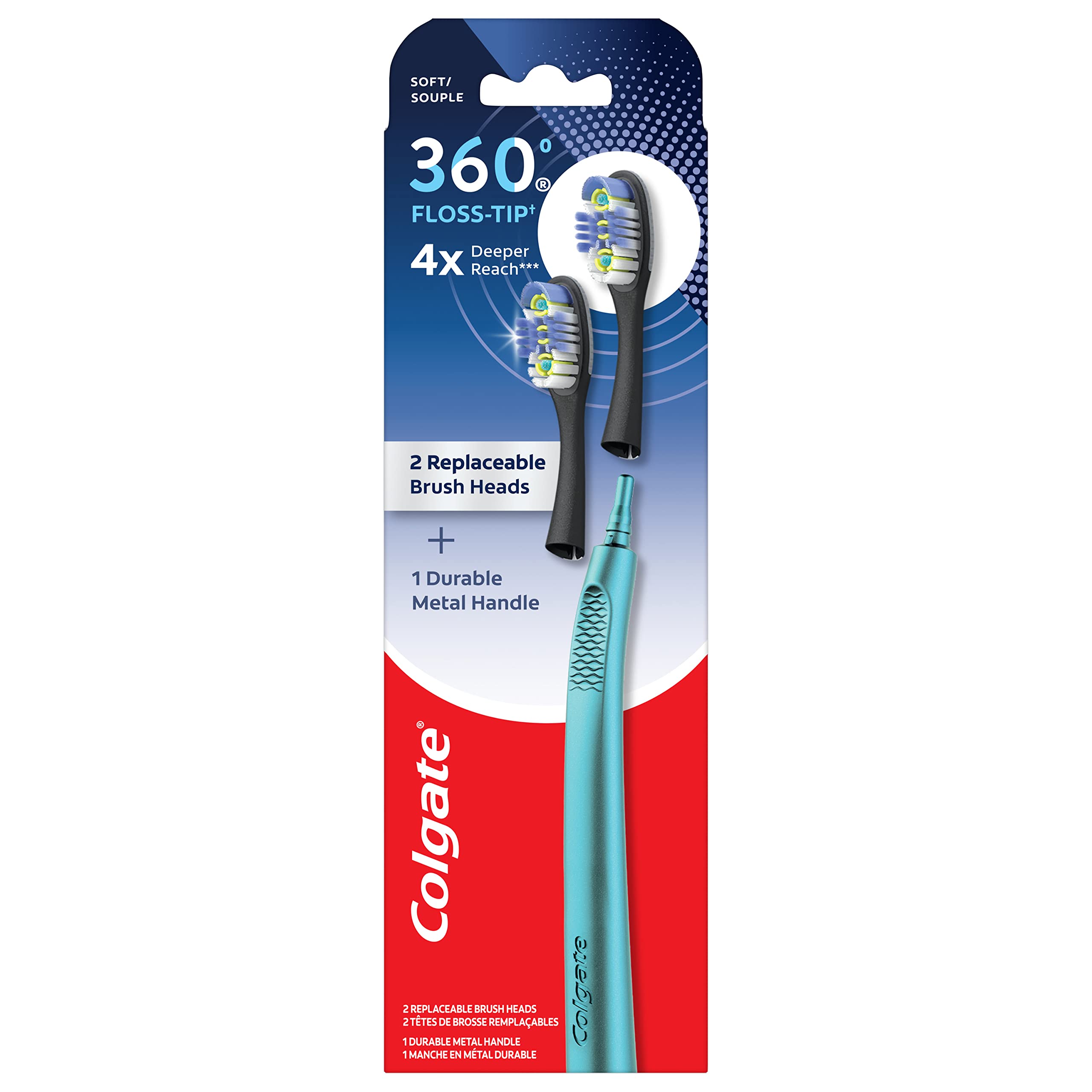 Colgate 360 Floss Tip Replaceable Head Toothbrush Starter Kit, 2 Brush Heads and Metal Handle - [size:2 Count (Pack of 1),color:Blue]