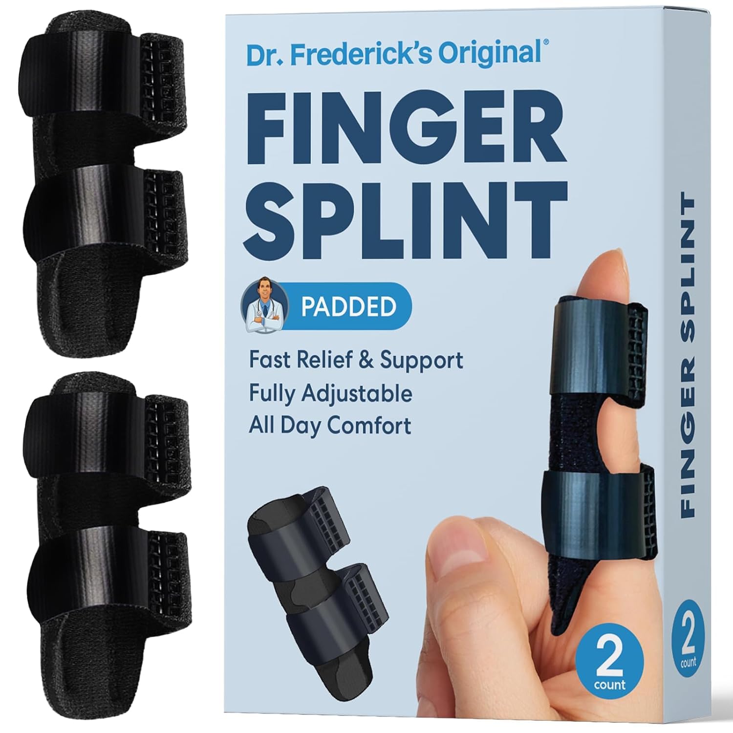 Dr. Frederick's Original Trigger Finger Splint - 2 ct - Mallet Splint & Brace for Arthritis, Injury, & Sprain - Fits Index, Middle, & Ring Fingers - Adjustable for All-Day Comfort - Doctor-Developed - [size:Large,color:Black (2 Splints)]