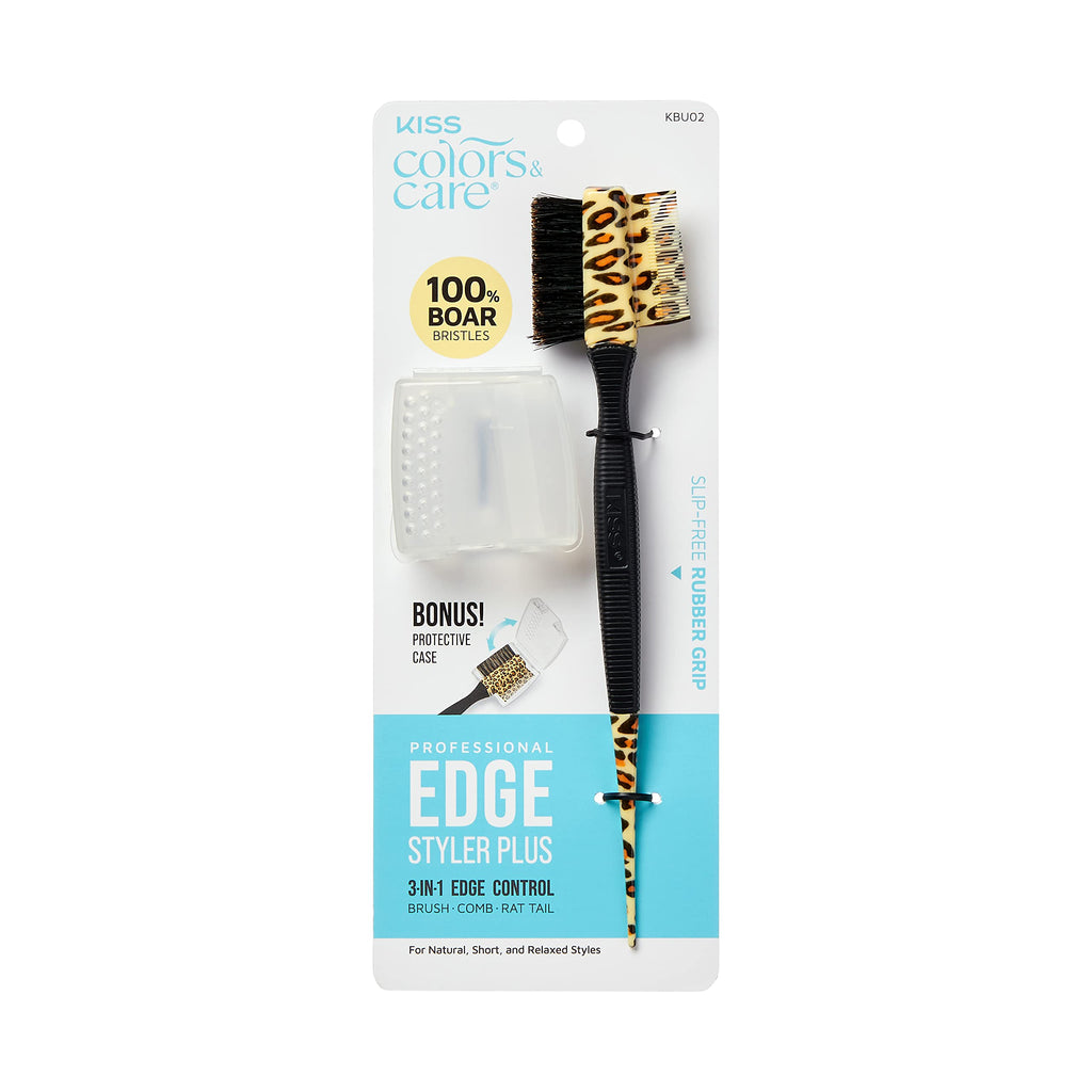 KISS Colors & Care 3-in-1 Professional Edge Styler Plus with Case - Slip-Free Rubber Grip, 100% Boar Bristles, Fine Tooth Comb, Pin Tail Tool, & Protective Case, Versatile & Ultra-Functional, Smooth & Sleek Styling - [color:Leopard]