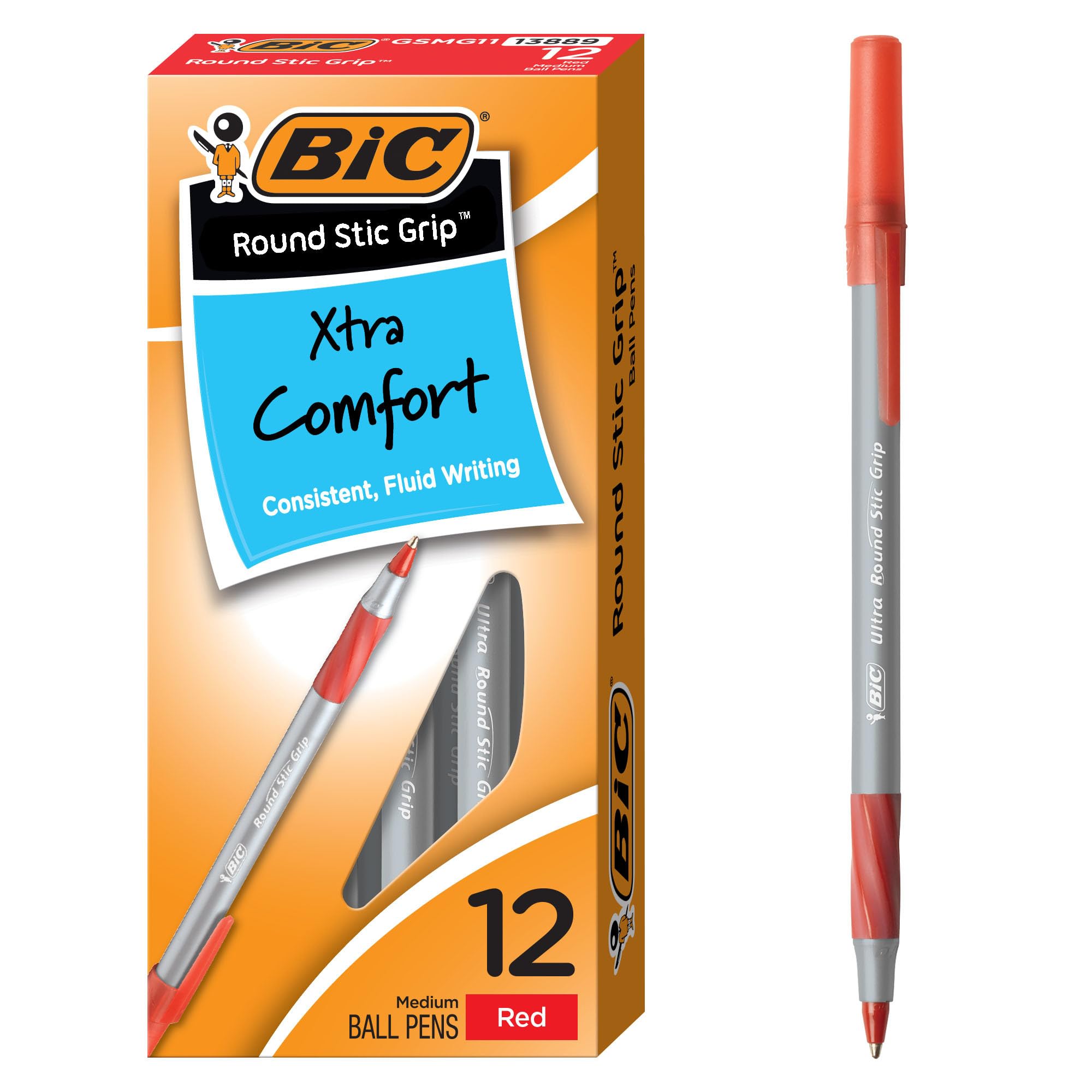 BIC Round Stic Grip Xtra Comfort Red Ballpoint Pens, Medium Point (1.2mm), 12-Count Pack, Excellent Writing Pens With Soft Grip for Superb Comfort and Control - [size:12 Count (Pack of 1),color:Red Ink]