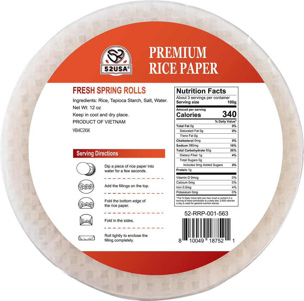 52USA Rice Paper, 1 Pack, 34 Sheets, Gluten-Free Wonton Wrappers, Vegan, Low Carb, Vietnamese Rice Wraps (Round, 22cm) - [size:Pack of 1 (34 Sheets)]