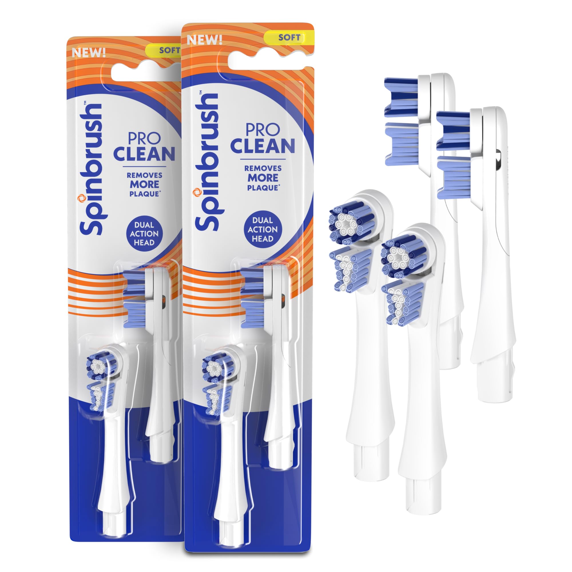 Spinbrush New PRO Clean Replacement Heads, Electric Toothbrush Refills, Soft Bristles, 4 Count - [size:1 Count (Pack of 1),color:White]