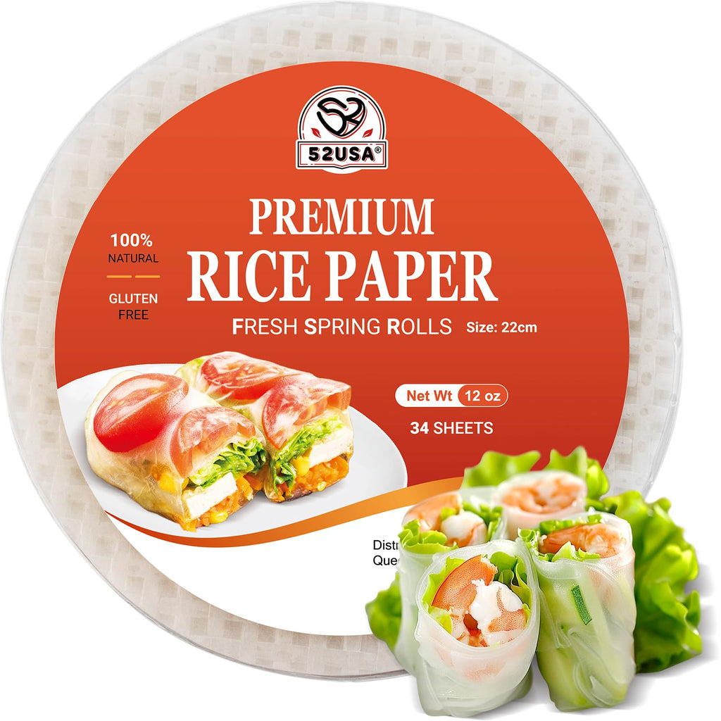 52USA Rice Paper, 1 Pack, 34 Sheets, Gluten-Free Wonton Wrappers, Vegan, Low Carb, Vietnamese Rice Wraps (Round, 22cm) - [size:Pack of 1 (34 Sheets)]