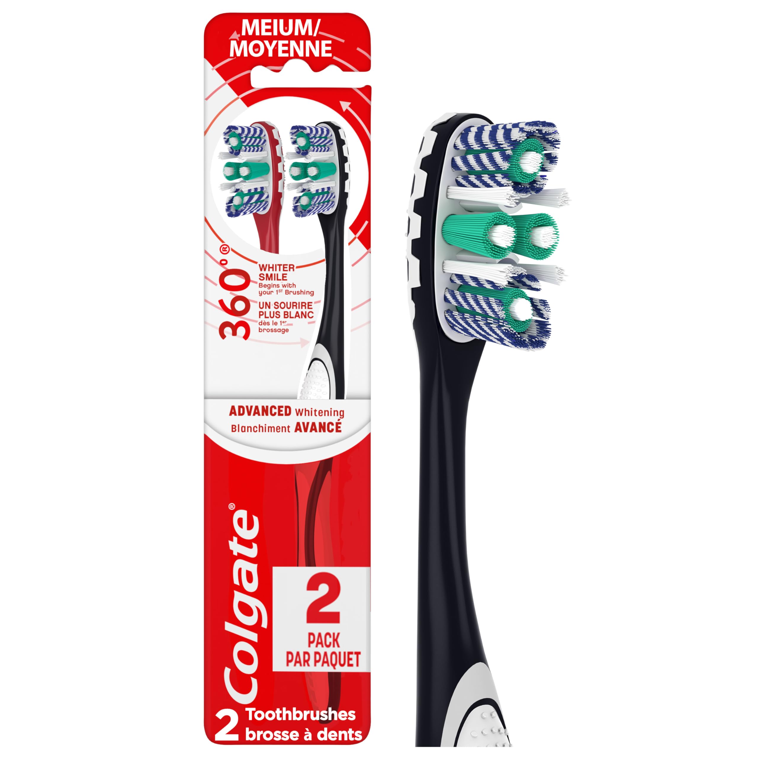 Colgate 360 Optic White Advanced Brightening Toothbrush, Adult Medium Toothbrush with Brightening Cups, Helps Whiten Teeth and Removes Odor Causing Bacteria, 2 Pack