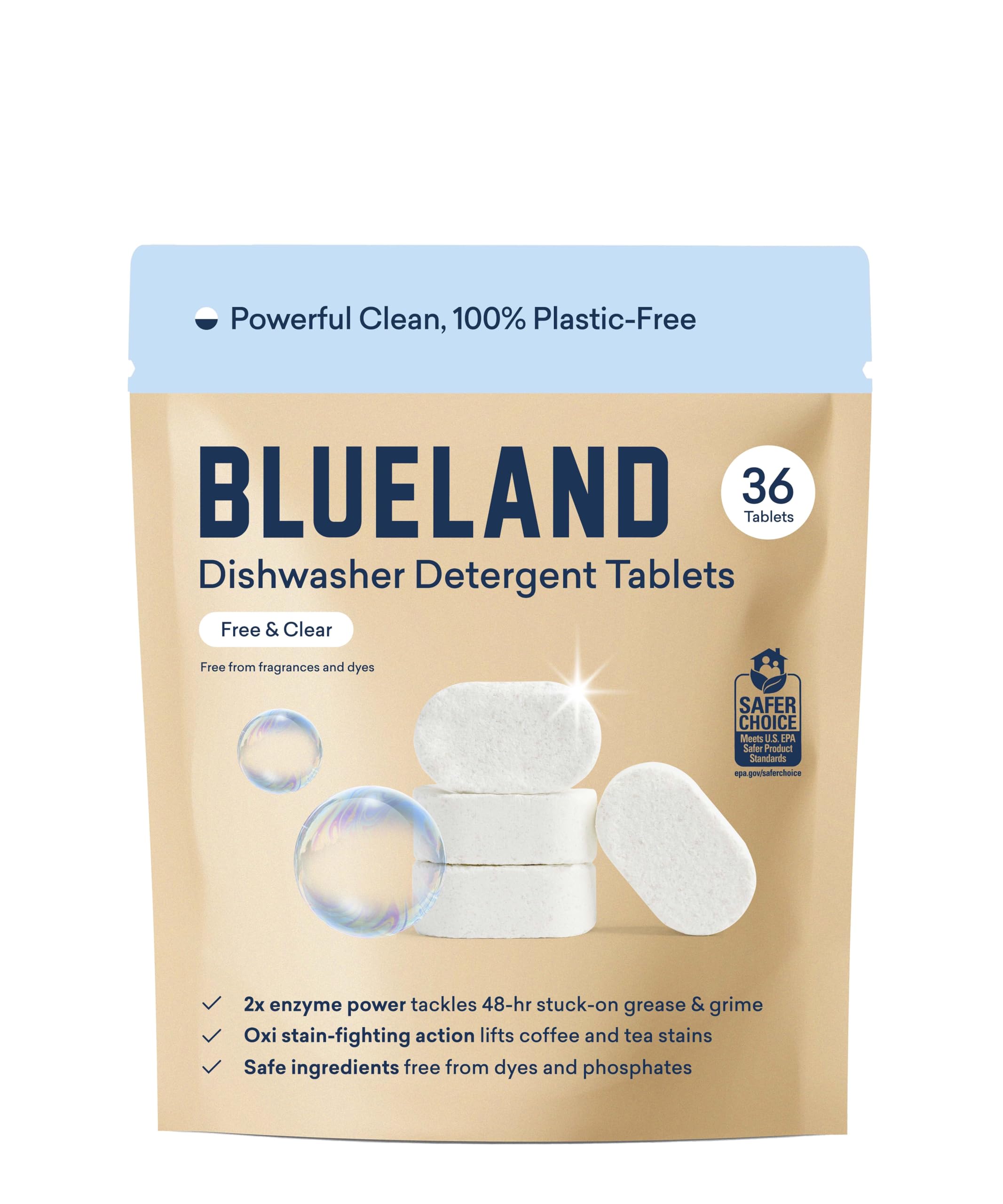 BLUELAND 100% Plastic-Free Dishwasher Detergent Tablets, 36 Count, Free & Clear, Eco-Friendly Dishwashing Pods, Natural, USDA Certified biobased - [size:36 Count (Pack of 1),color:36 Count (Pack of 1)]