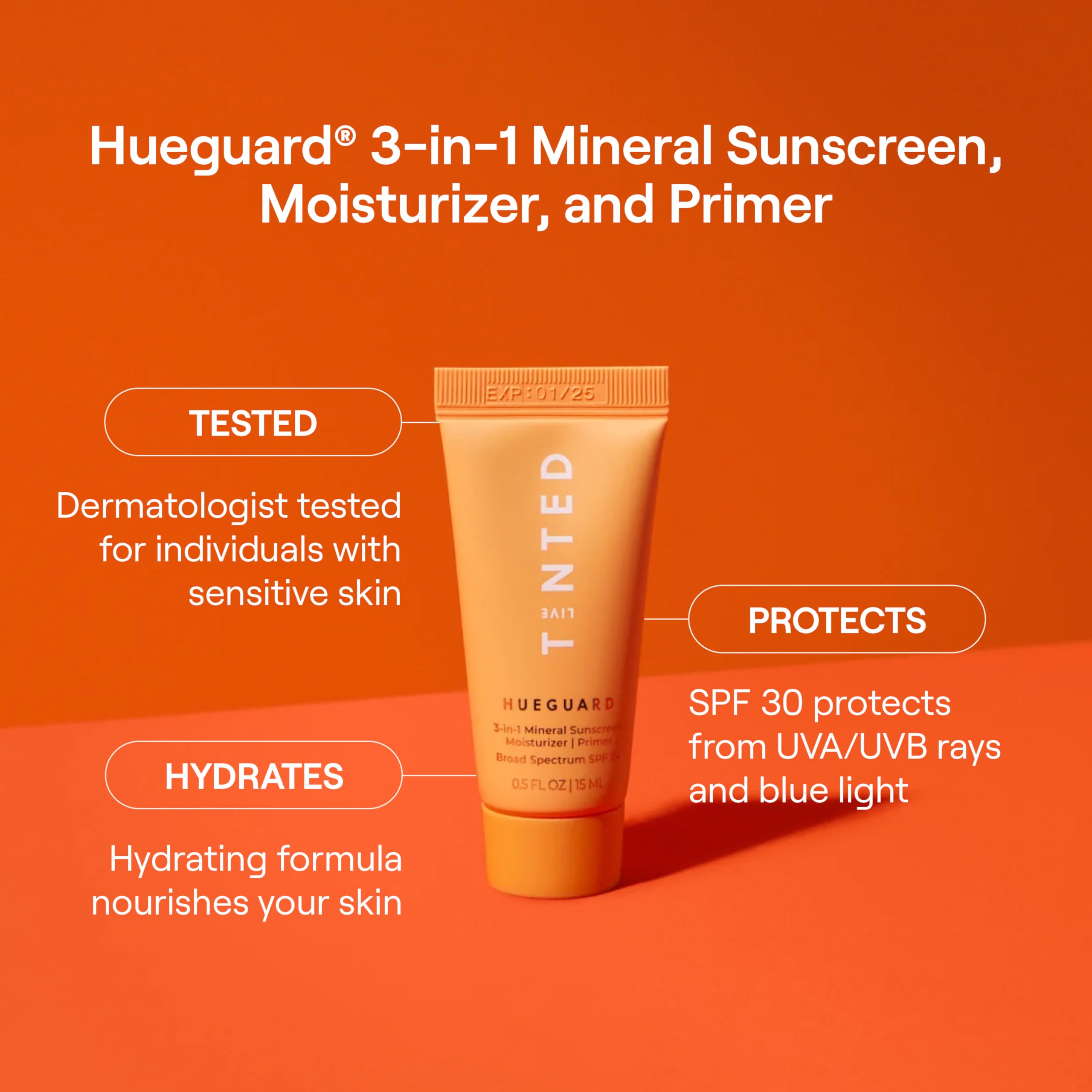 Live Tinted Hueguard® Mini 3-in-1 Mineral Sunscreen, Moisturizer, & Primer for Face and Body - Hydrate and Protect the Skin Year Round - SPF 30 to Protect Against UVA/UVB Rays, 0.5 Fl Oz - [size:0.5 Fl Oz (Pack of 1)]