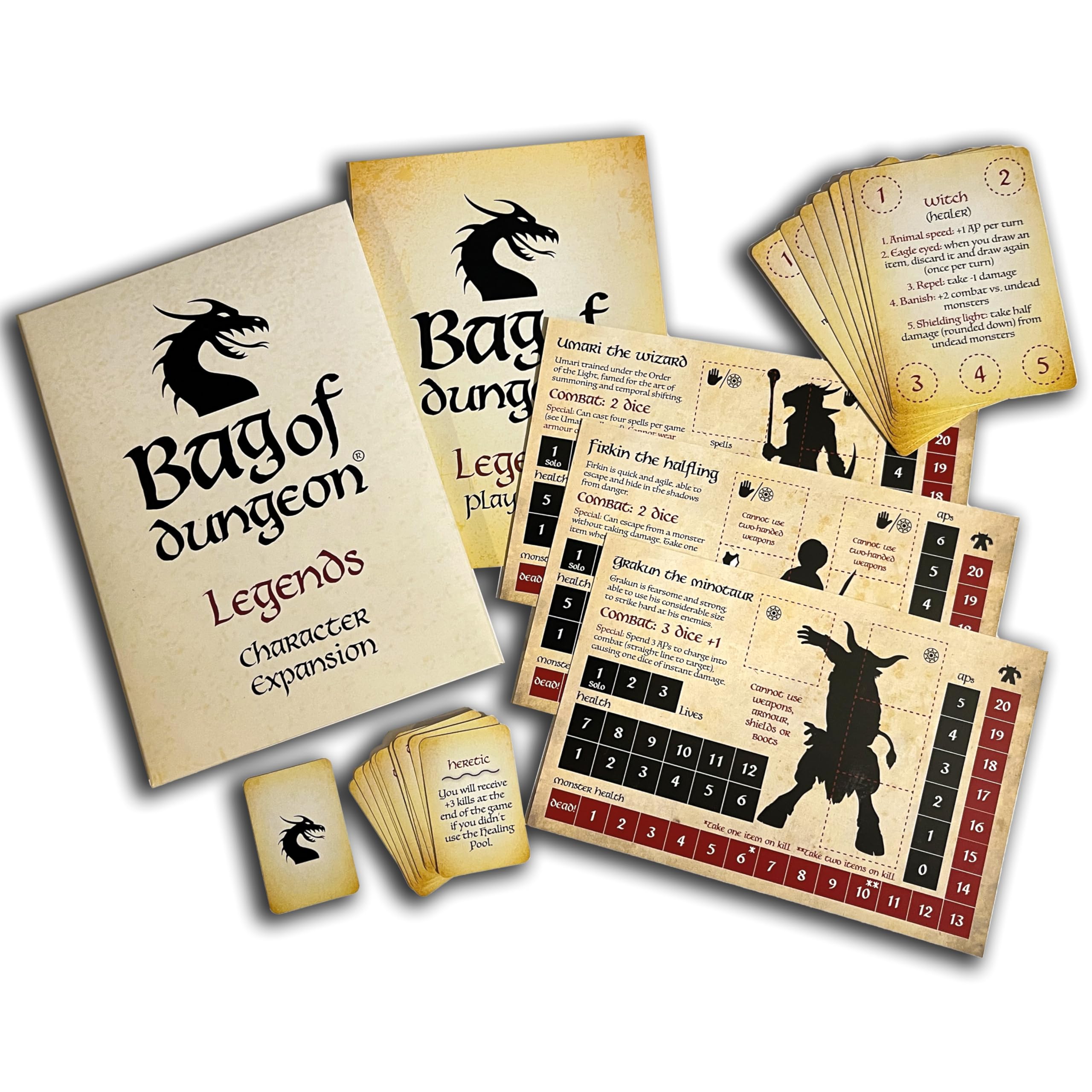 Bag of Dungeon: Legends Character Expansion Pack - Use with Any BOD Game - Includes Wizard, Halfling, Minotaur - Classic Sword and Sorcery Gaming - First Edition - [size:13 cm x 17 cm x 1 cm,color:Brown]