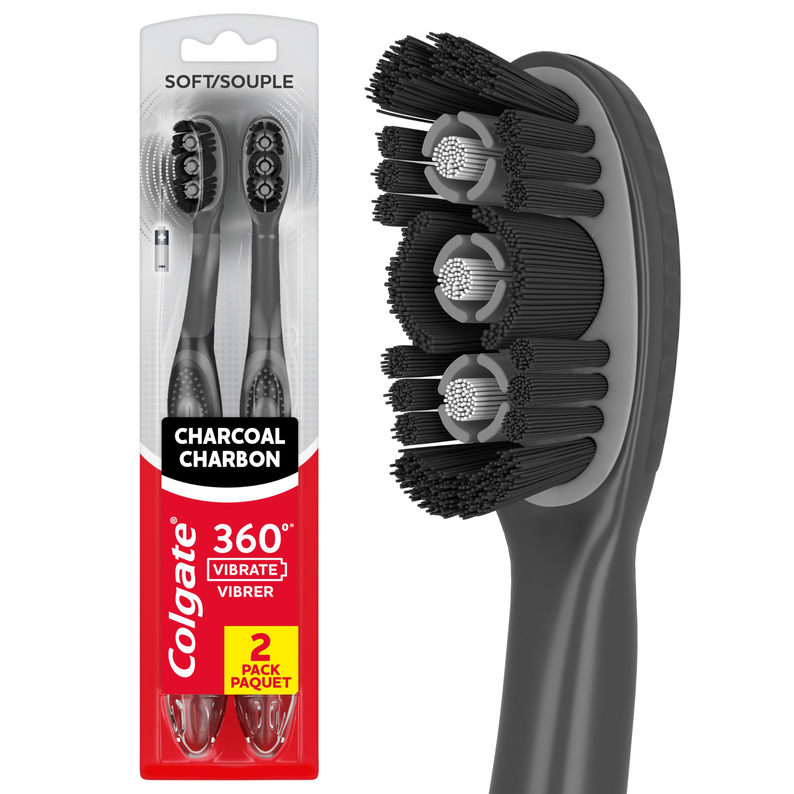 Colgate 360 Vibrate Charcoal Battery Operated Toothbrush Pack, Soft with 1 AAA Battery Included, Black, 2 Count - [size:2 Count (Pack of 1),color:Black]