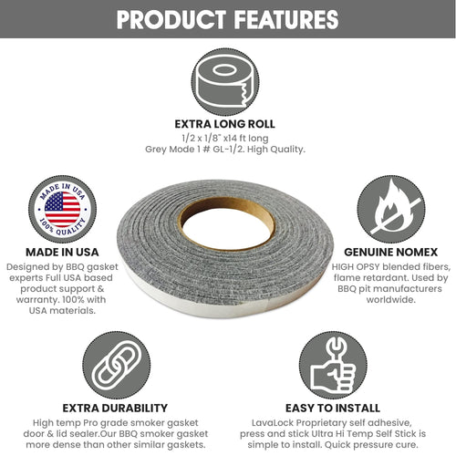 1/2" x 1/8" LavaLock High Temp BBQ Gasket Smoker Seal for Nomex Door Lid, Self Stick Grey - [size:1/2 in. x 1/8 in. x 14 ft,color:charcoal]