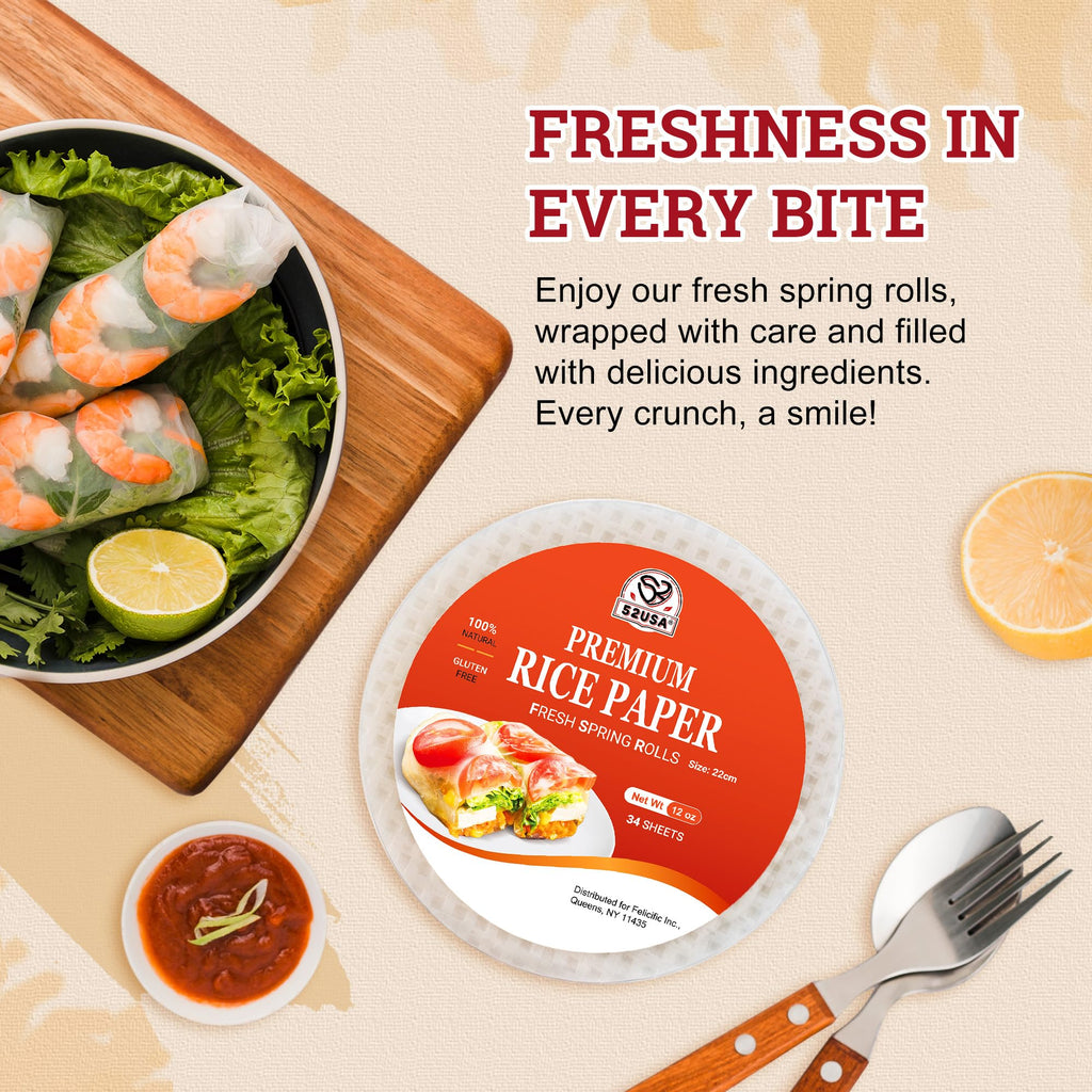 52USA Rice Paper, 1 Pack, 34 Sheets, Gluten-Free Wonton Wrappers, Vegan, Low Carb, Vietnamese Rice Wraps (Round, 22cm) - [size:Pack of 1 (34 Sheets)]