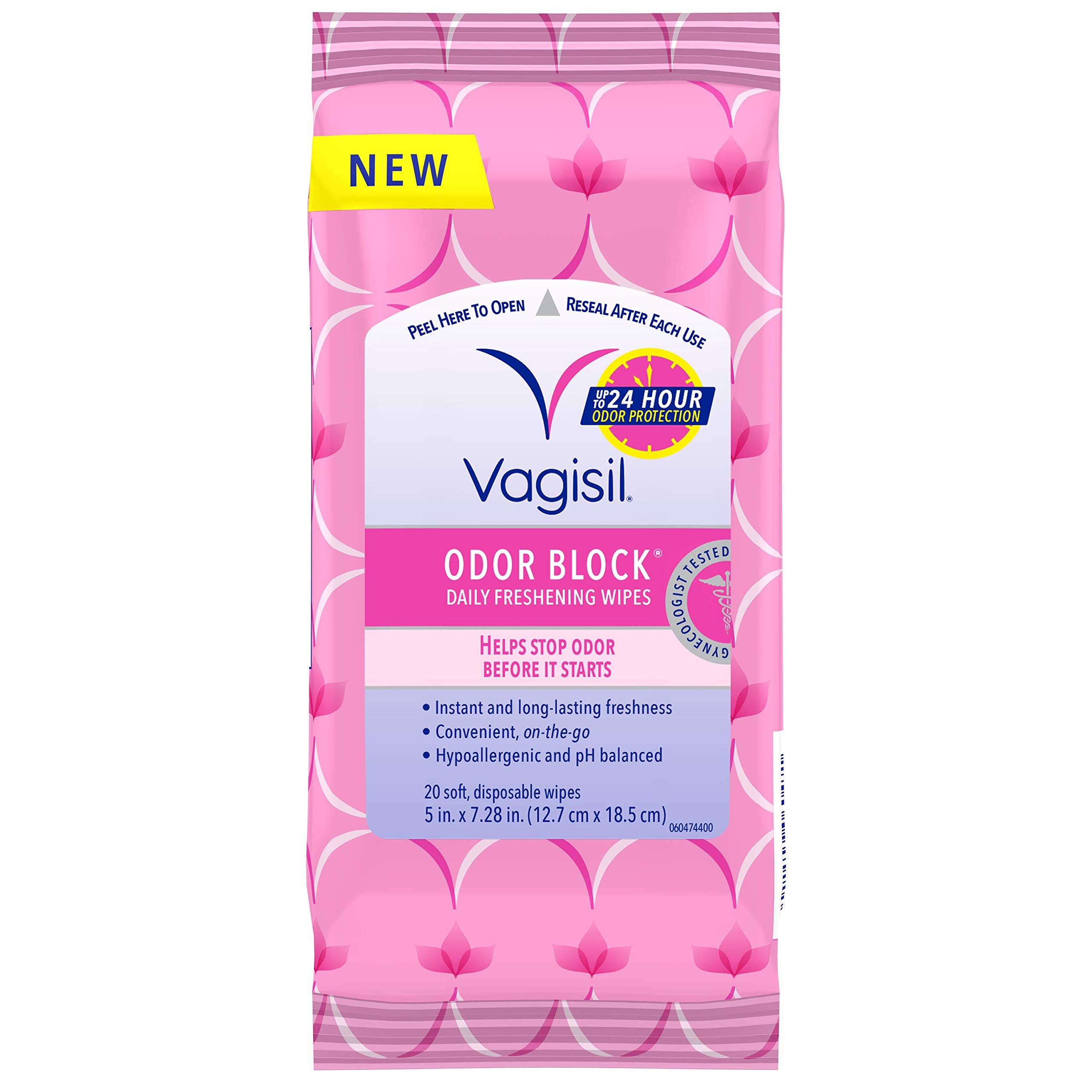 Vagisil Odor Block Daily Freshening Wipes for Feminine Hygiene in Resealable Pouch, Gynecologist Tested & Hypoallergenic, 20 Wipes (Pack of 1) - [size:20 Count (Pack of 1),color:White]
