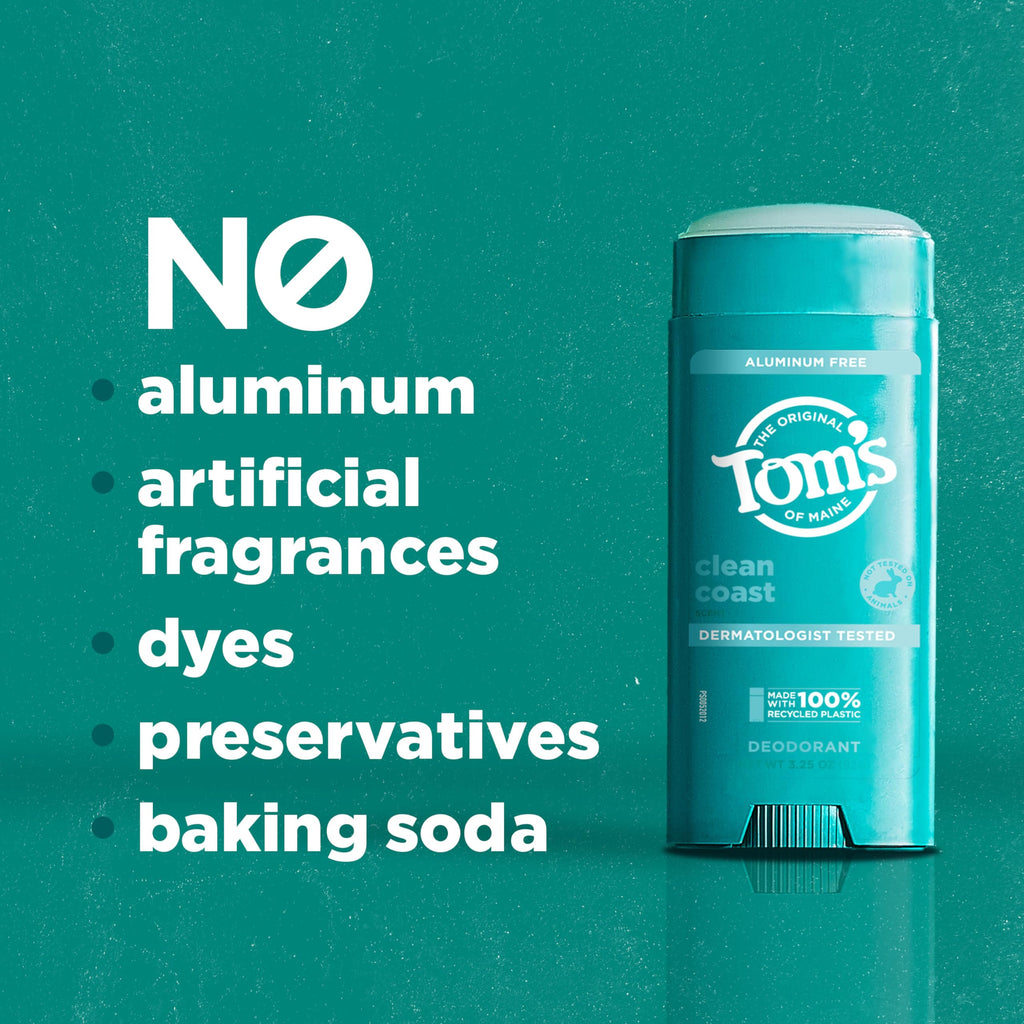 Tom’s of Maine Clean Coast Aluminum Free Natural Deodorant For Women & Men | Goes on Clear | Odor & Wetness Protection | Naturally Derived and Moisture-Locking Ingredients | 3.25 oz - [size:3.25 Ounce (Pack of 1)]