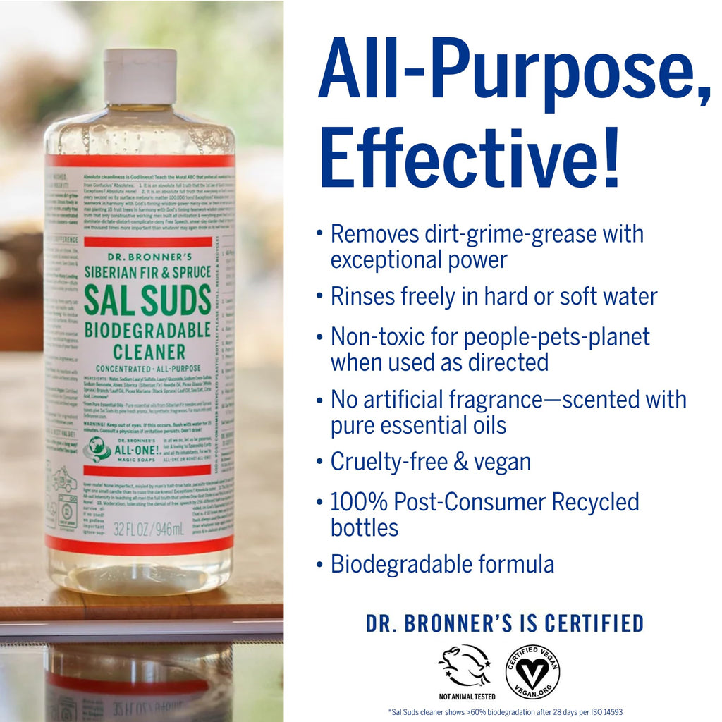 Dr. Bronner's - Sal Suds Biodegradable Cleaner (32 oz) - All-Purpose, Pine Cleaner for Floors, Laundry and Dishes, Concentrated, Cuts Grease and Dirt, Powerful Formula - [size:32 Fl Oz (Pack of 1)]