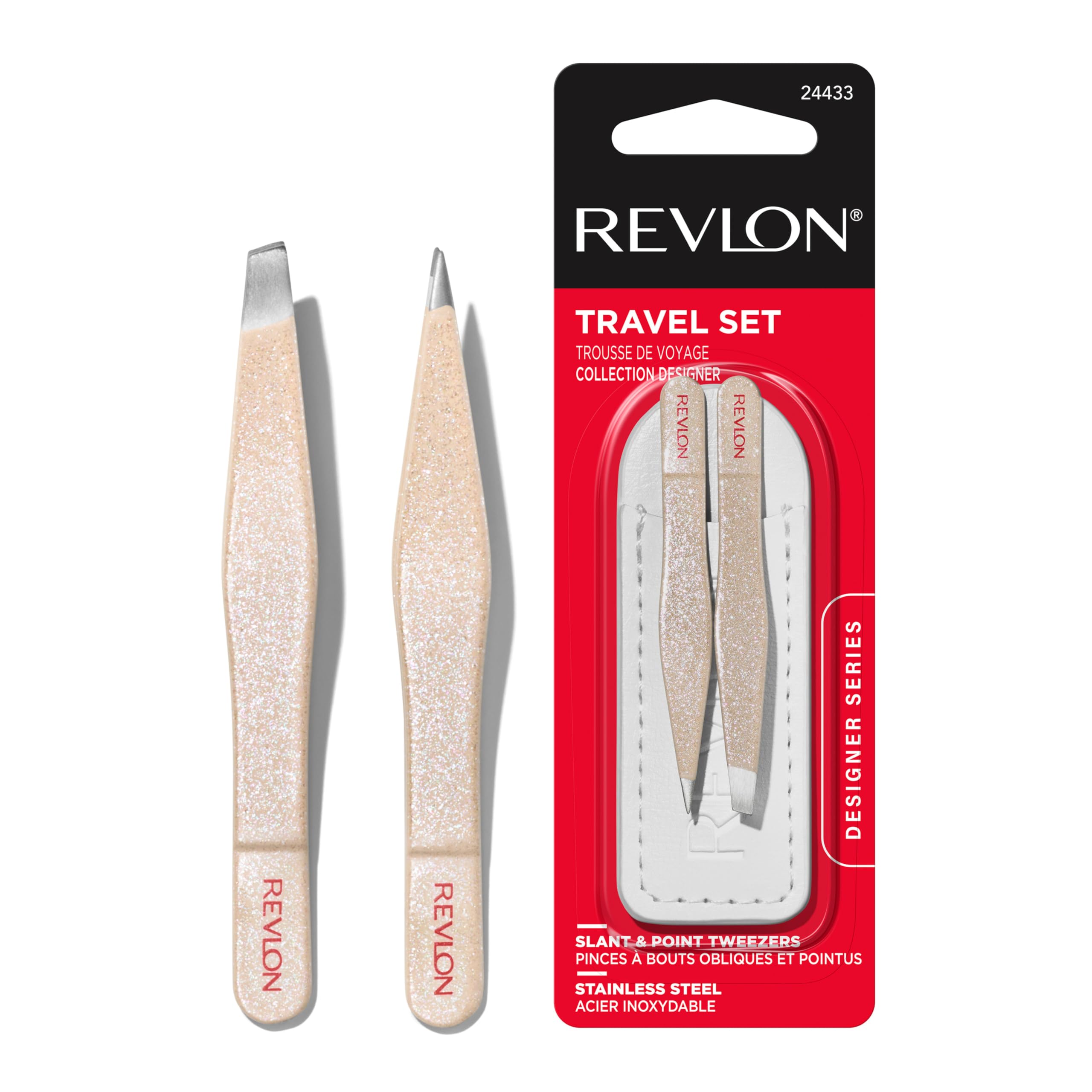 Revlon Designer Series Mini Tweezer Set, Hair Removal Tool Kit with Slant & Point Tips, Made with Stainless Steel, Stocking Stuffer for Women, 1 Count - [color:Beige]