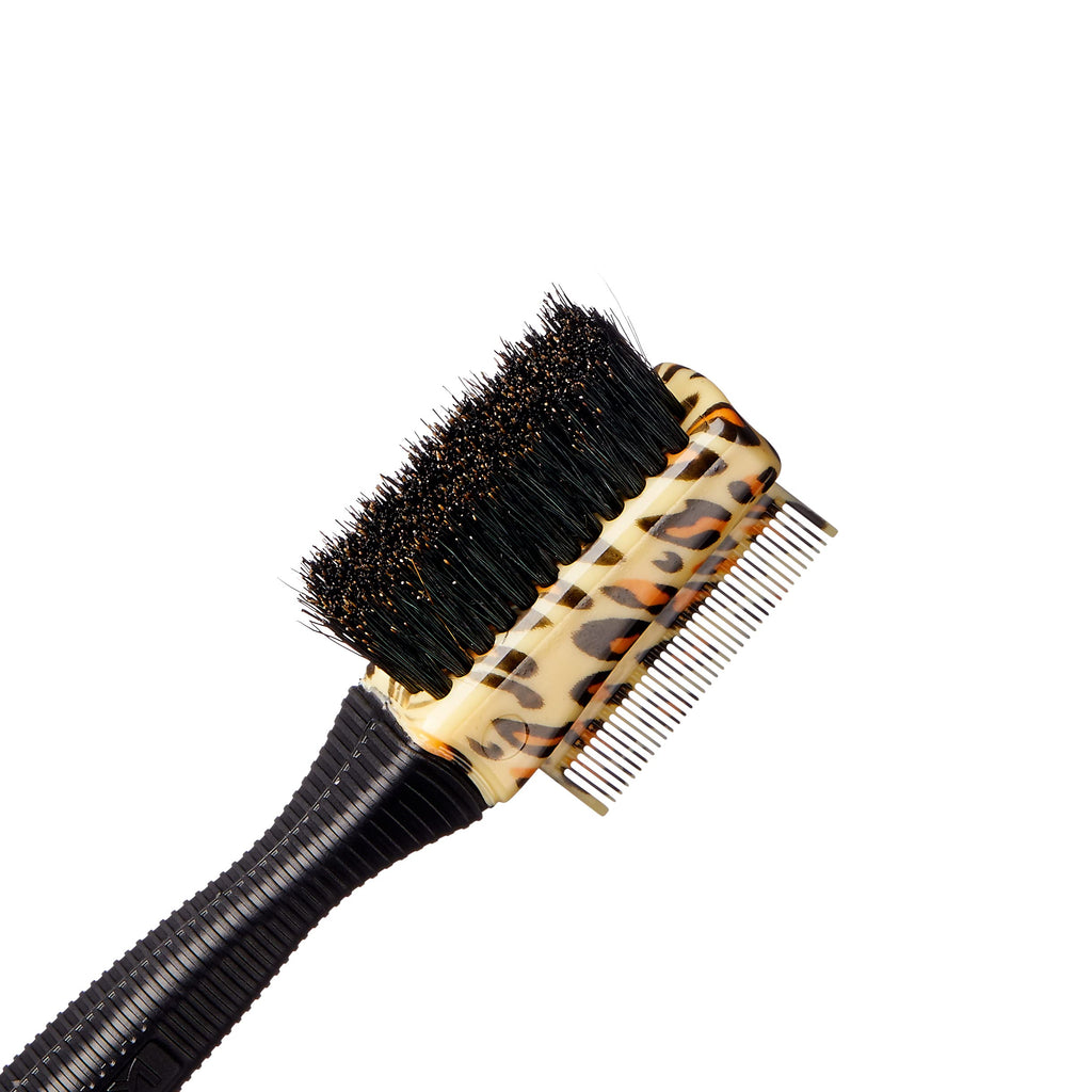 KISS Colors & Care 3-in-1 Professional Edge Styler Plus with Case - Slip-Free Rubber Grip, 100% Boar Bristles, Fine Tooth Comb, Pin Tail Tool, & Protective Case, Versatile & Ultra-Functional, Smooth & Sleek Styling - [color:Leopard]