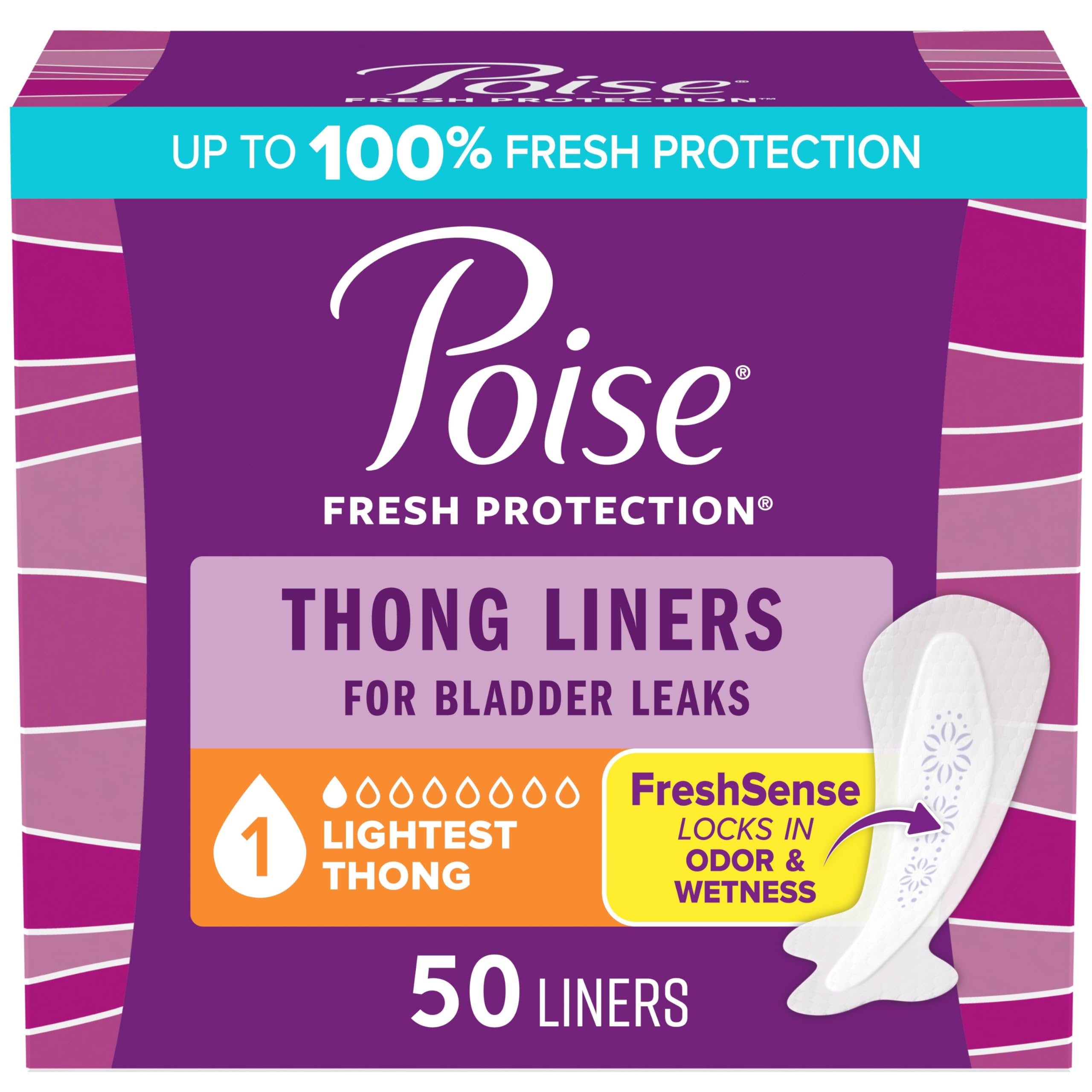 Poise Daily Thong Liners, Incontinence Panty Liners for Bladder Leaks, 1 Drop Lightest Absorbency, 50 Count of Pantiliners - [size:Thong,color:White]