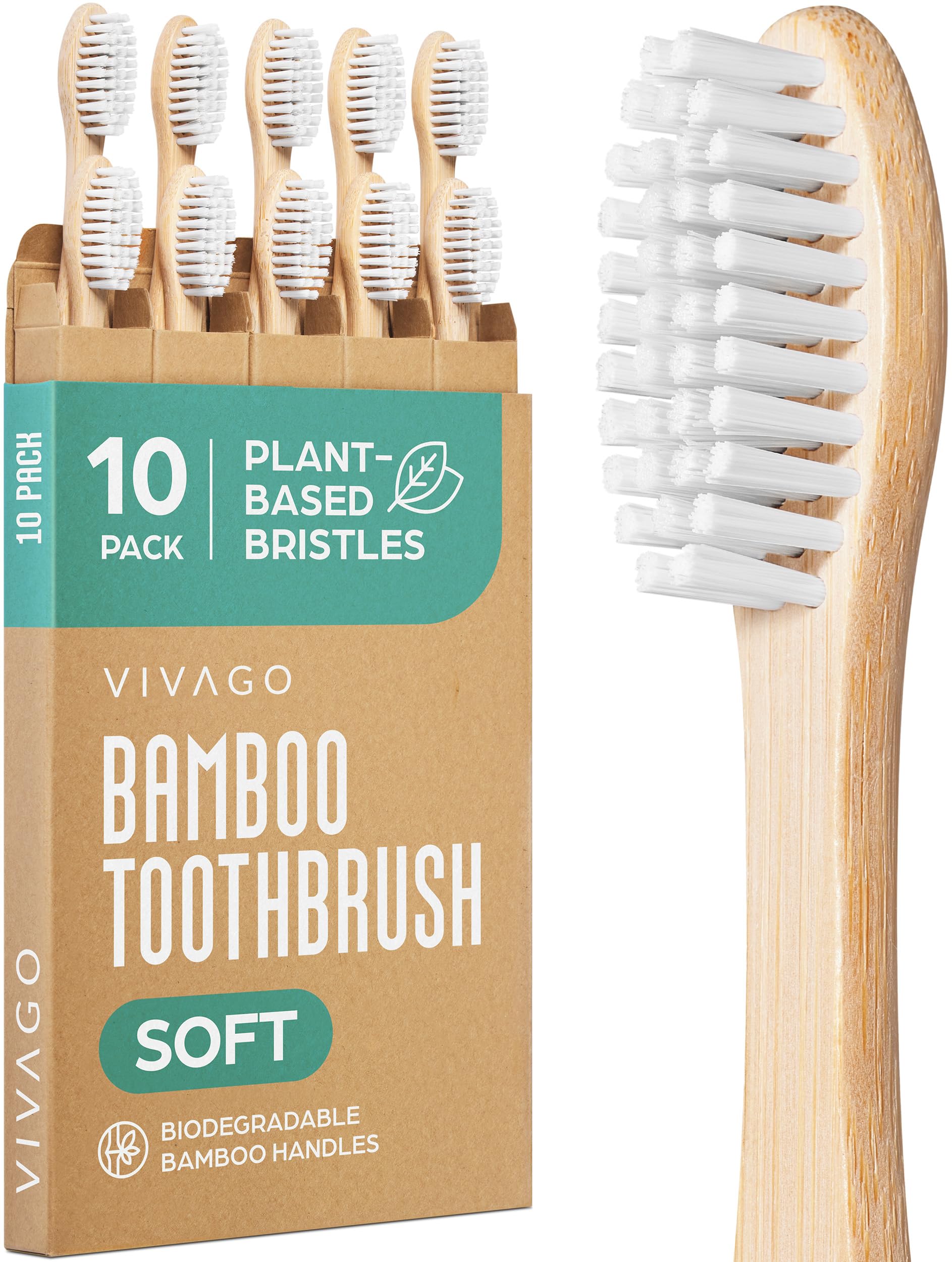VIVAGO Bamboo Toothbrushes 10 Pack – Natural Toothbrushes, Plant-Based Soft Bristles – Eco-Friendly Wooden Toothbrush - [size:10 Count (Pack of 1),color:White]