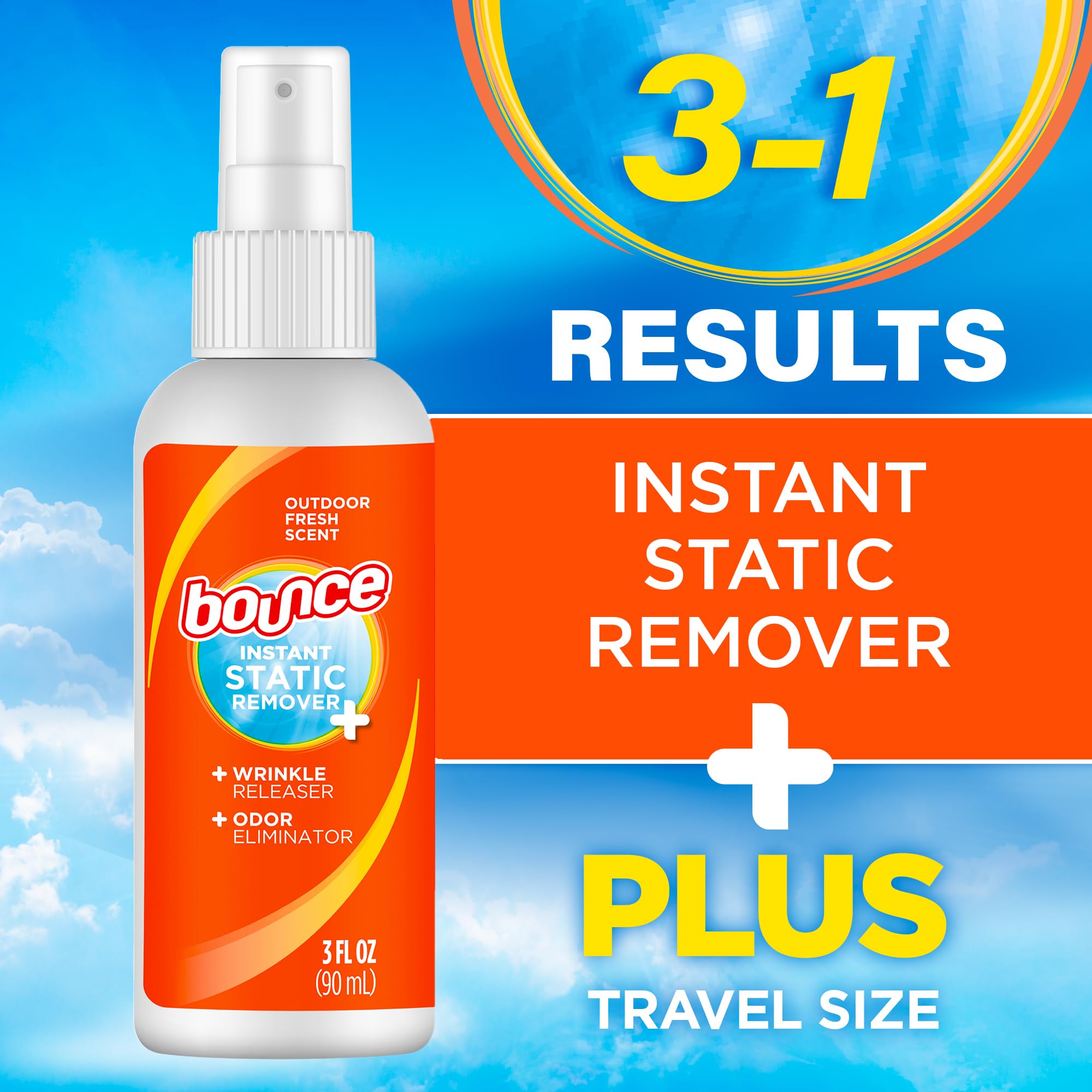 Bounce Anti Static Spray, 3 in 1 Instant Anti Static Spray & Instant Wrinkle Release, Odor Eliminator & Fabric Refresher, Travel Size (3 Oz,Pack of 3) - [size:3 Ounce (Pack of 3)]