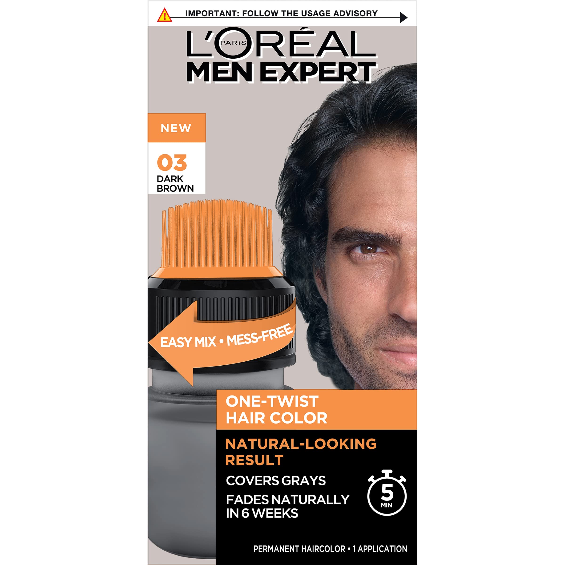 L’Oreal Paris Men Expert One Twist Mess Free Permanent Hair Color, Mens Hair Dye to Cover Grays, Easy Mix Ammonia Free Application, Dark Brown 03, 1 Application Kit - [size:1 Application Kit,color:03 Dark Brown/H45]
